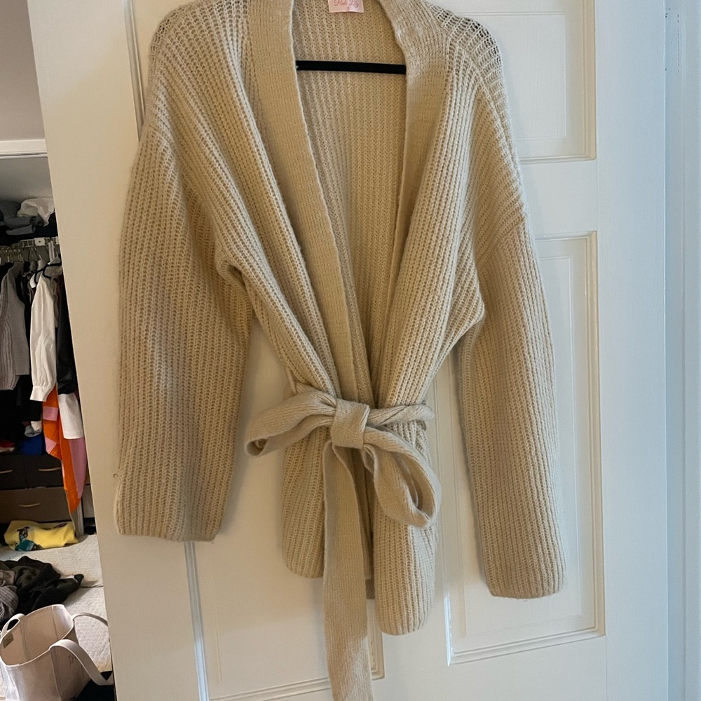 Pink Lily Cream Knit Tie-Waist Cardigan Sweater - Picture 4 of 5